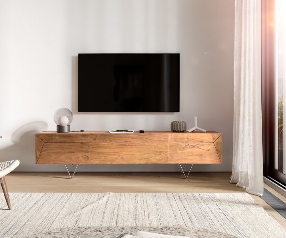 TV stolík Wyatt 175 cm prírodná akácia 2 dvierka 1 výklopné dvierka