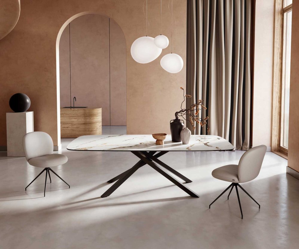 Jedálenský stôl Edge oválny 240x120 keramický Calacatta Luxe bielo