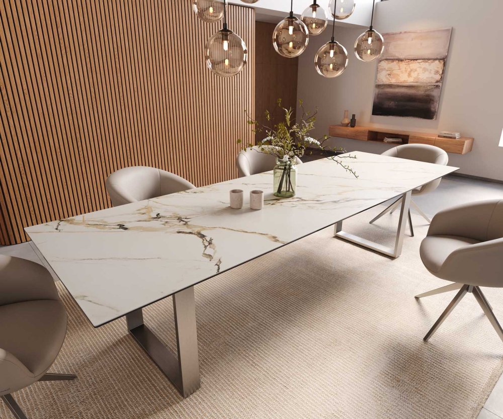 Jedálenský stôl Edge 300x100 keramický Calacatta Luxe bielo-zlato-šedý