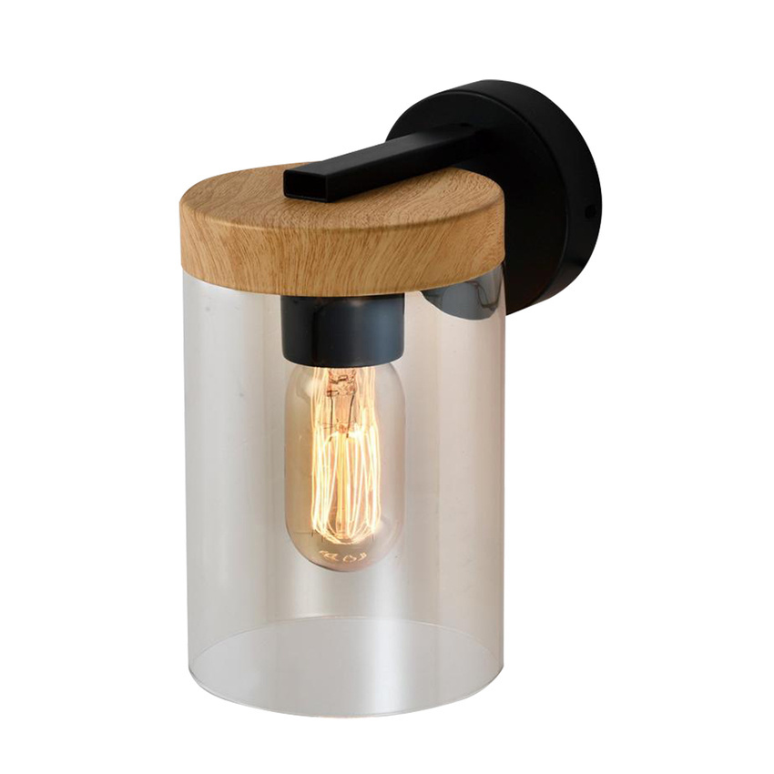 Nástenná lampa Wels 1x40 čierna s dreveným dymovým tienidlom