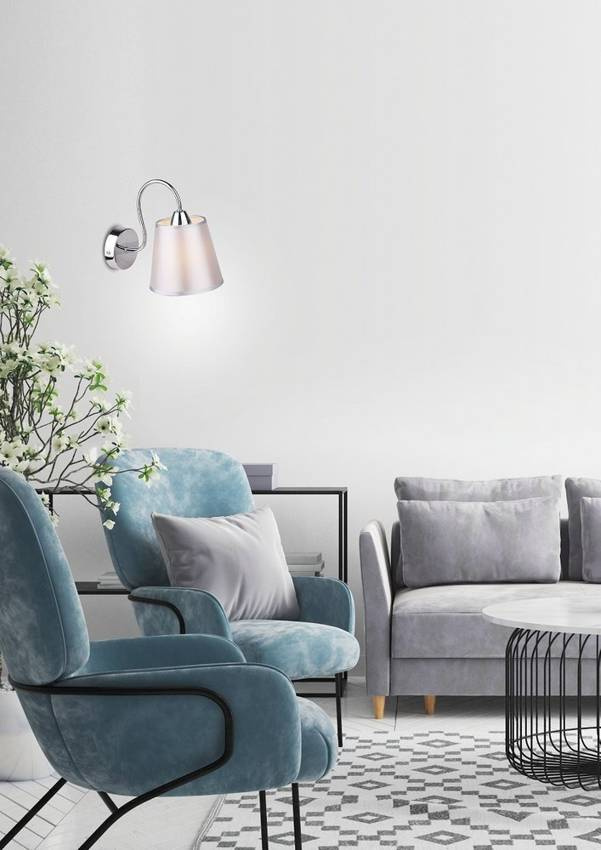 Okrúhla chrómová nástenná lampa so sivým látkovým tienidlom Luk
