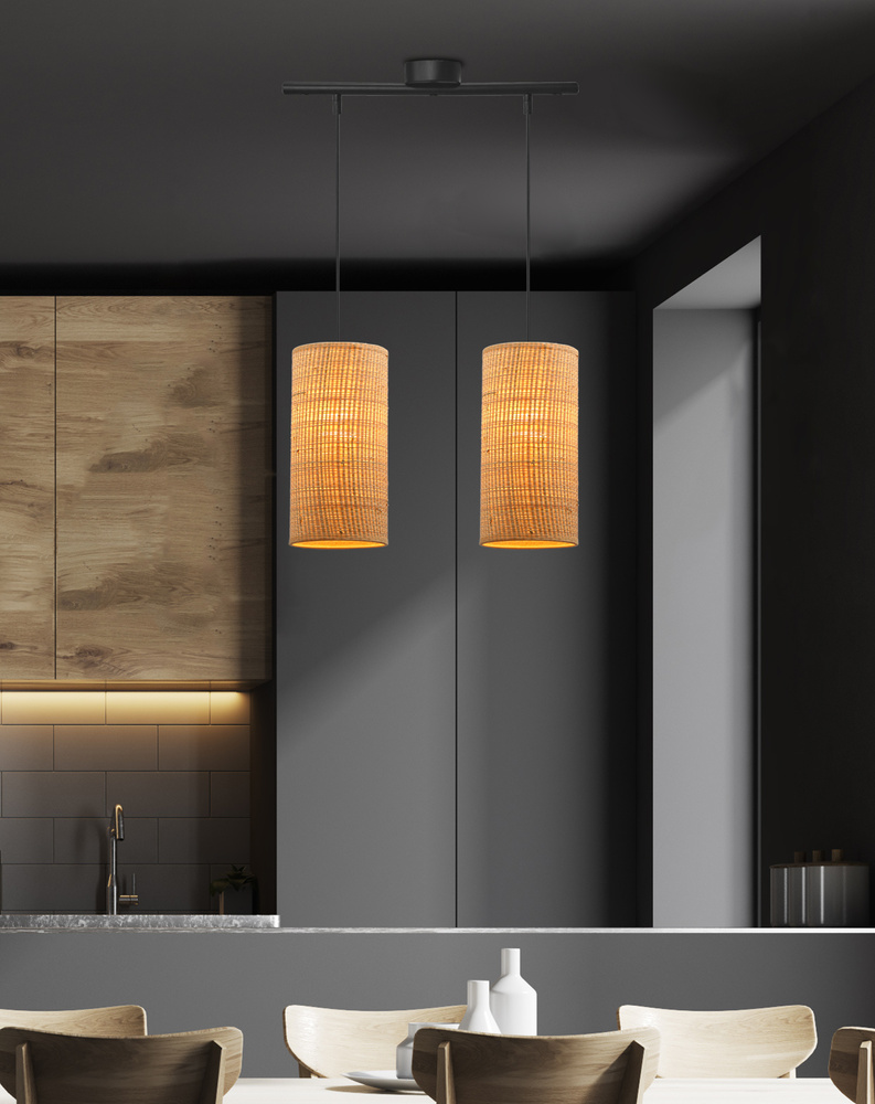 Závesná lampa Fleri čierna 2x60 e27 tienidlo 12x25 béžový ratan