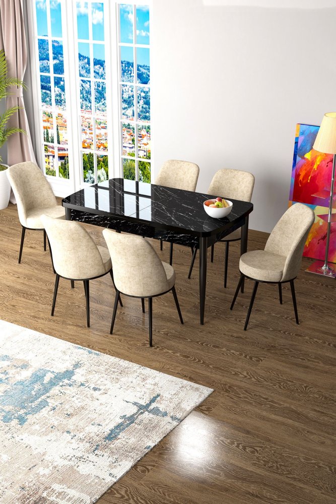 Extendable Dining Table & Chairs Set (7 Pieces) Zen - Black Marble, Cream