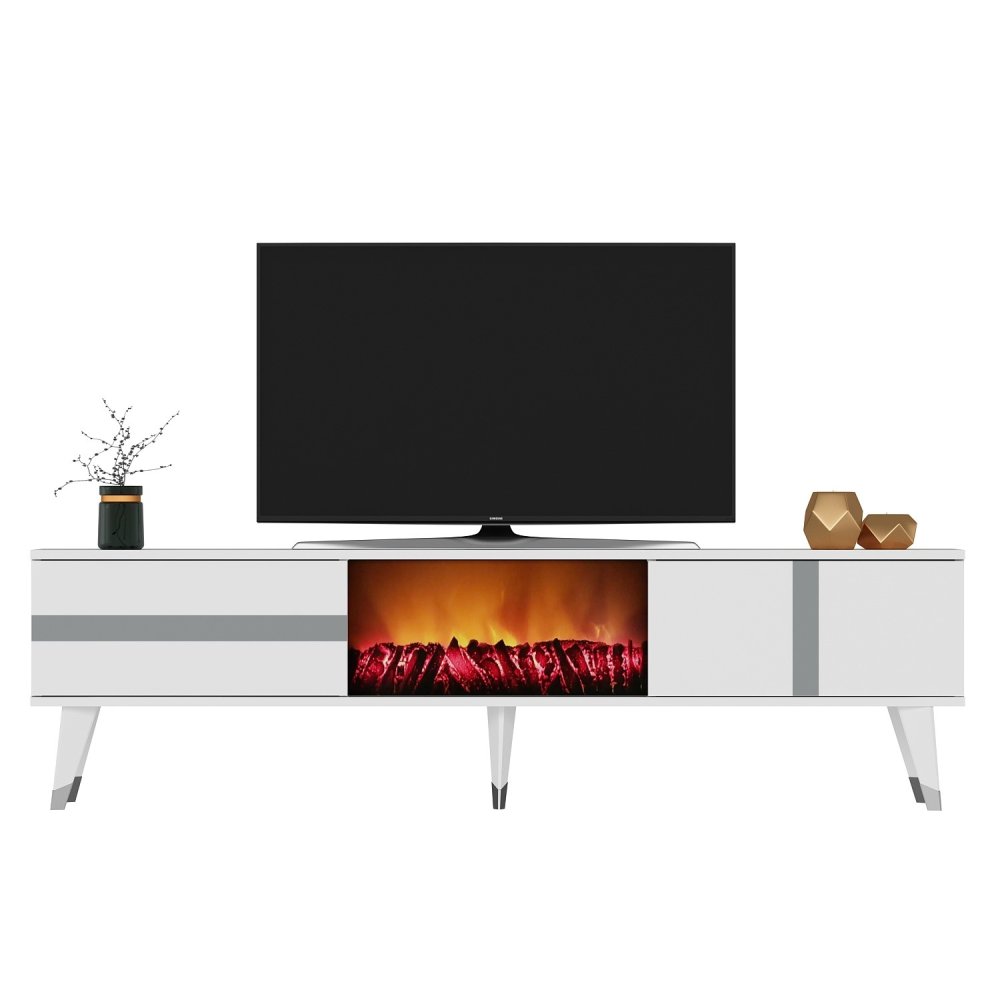 TV stolík Vania Fireplace - White, Silver
